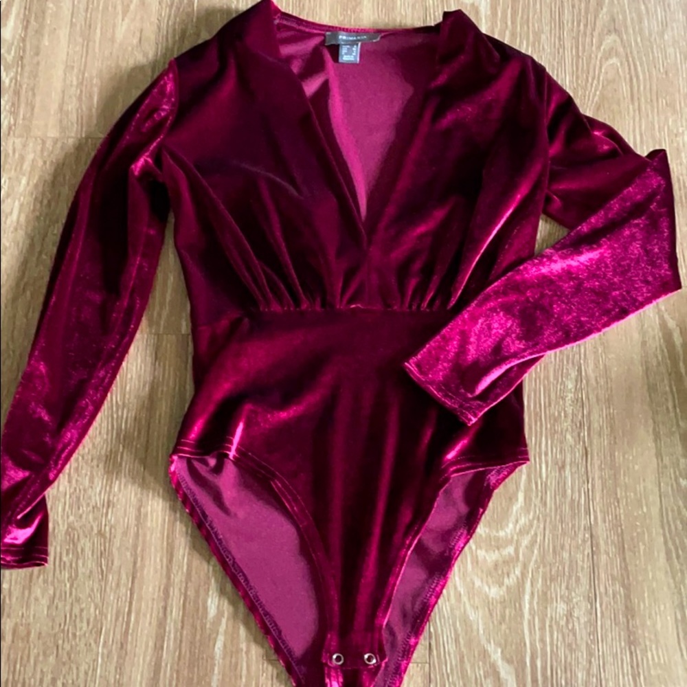 Velvet low plunge v neck maroon bodysuit